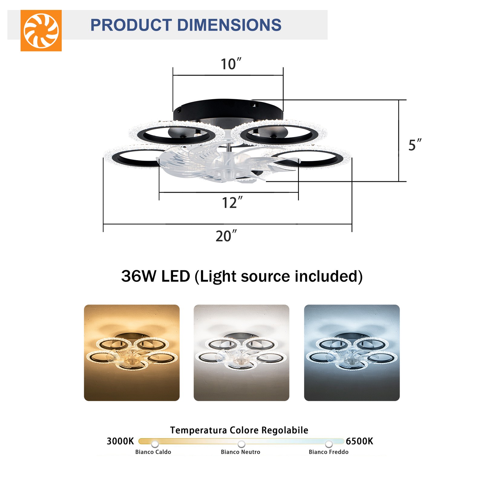 20''Modern Ceiling Fan Lights Remote Control.Black,6 Speeds 3 Light Color Low