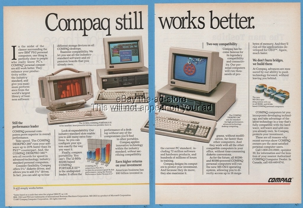 1987 COMPAQ DESKPRO 386 personal computer MS OS 2 vintage photo ad