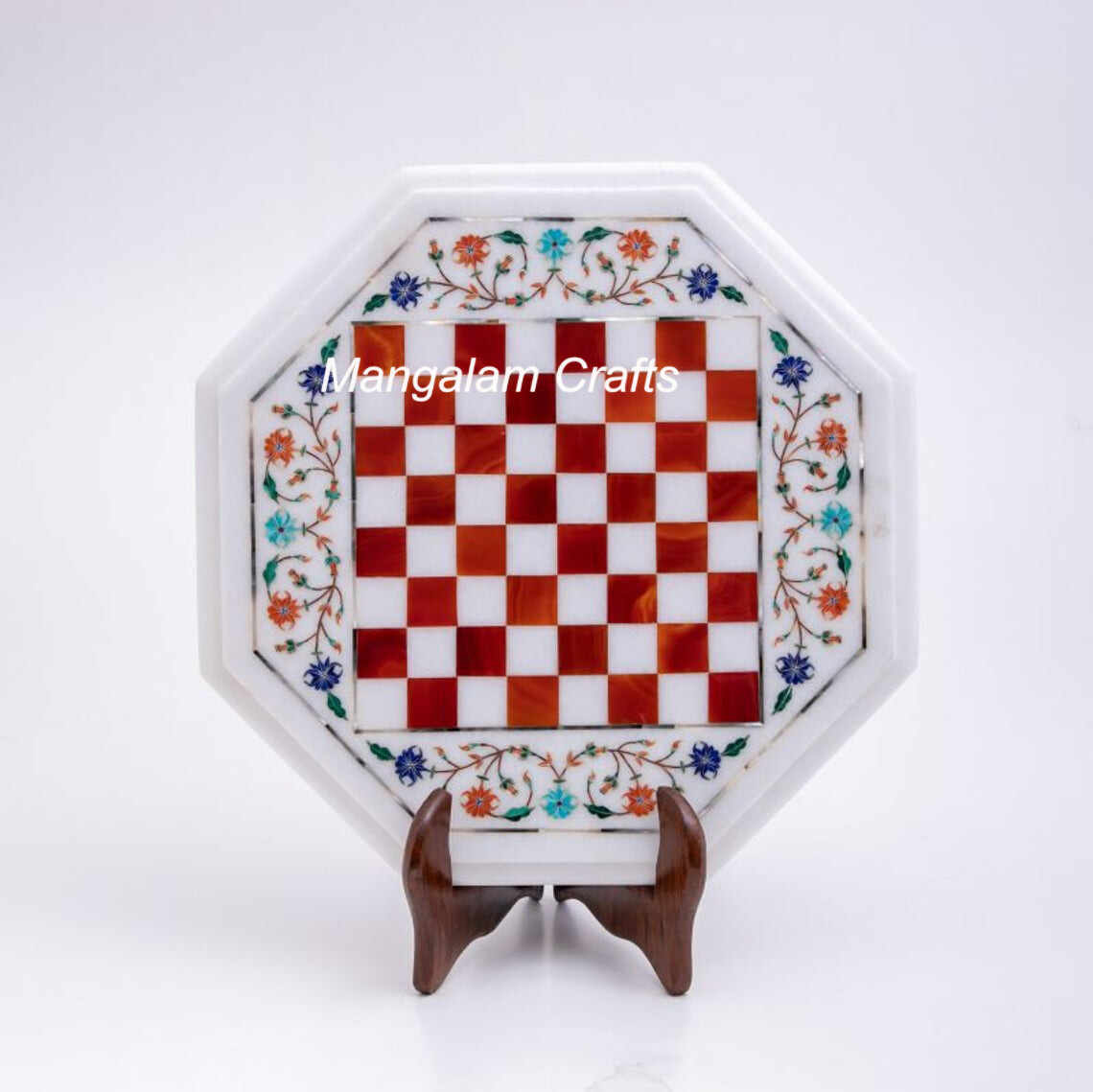 15" Marble Chess Table Top Handmade Semi precious stones Inlay Home Decor