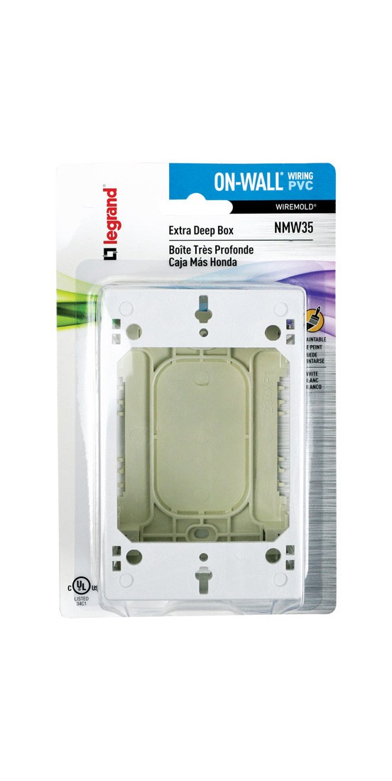 NMW Outlet Box, 1 -Gang, 0 -Knockout, Plastic, White, Wall Mounting