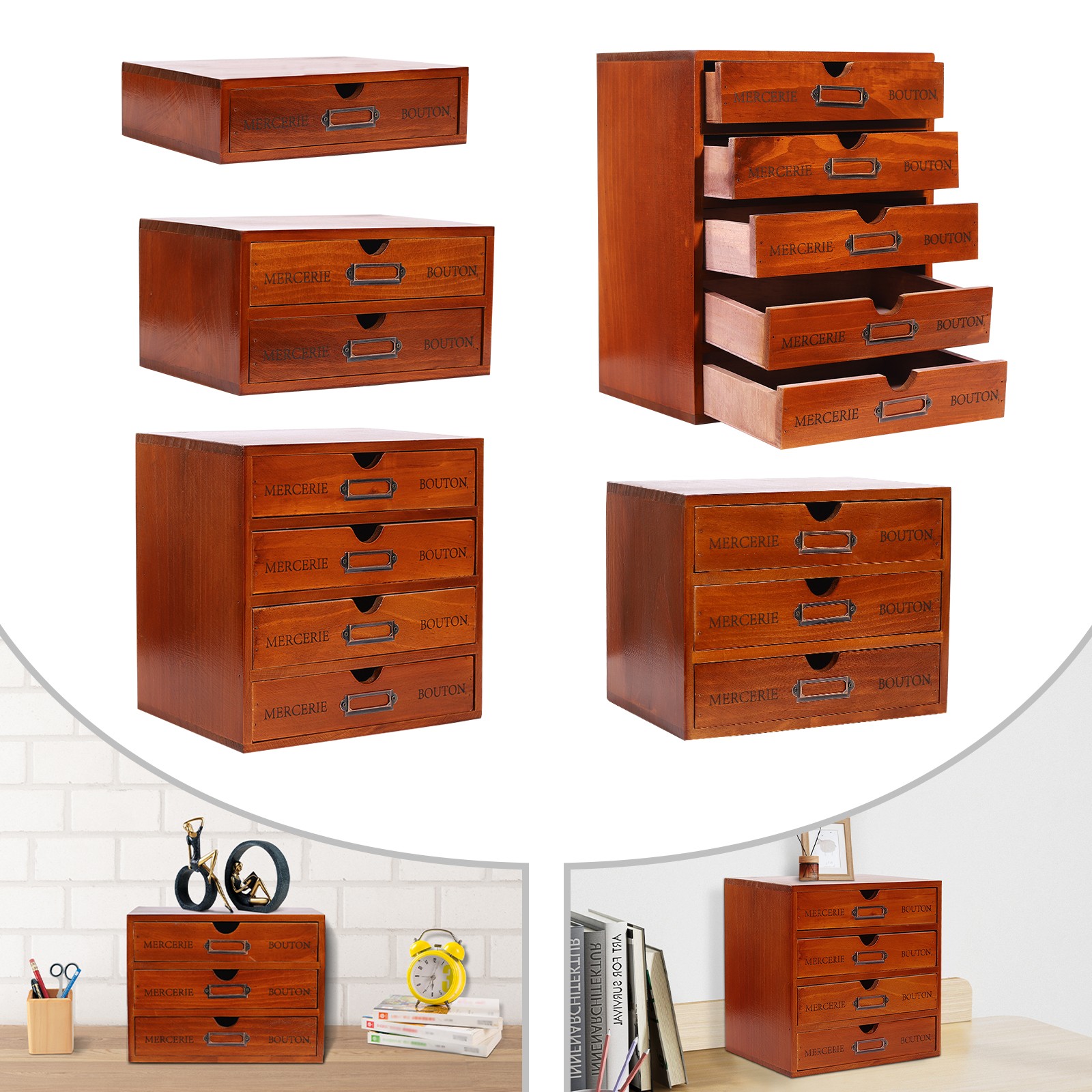 5 PCS Wooden Desktop Organizers Retro Rectangular Storage Drawers For Tabletop