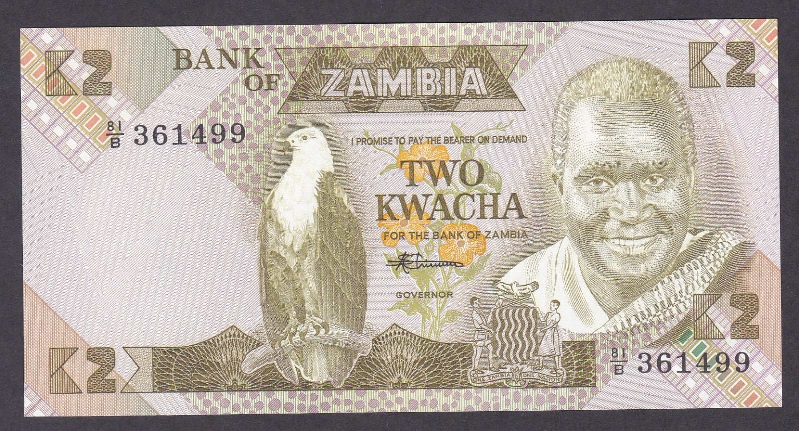 [UNC] 1980-88 Zambia 2 Kwacha P-24c [A08-3]
