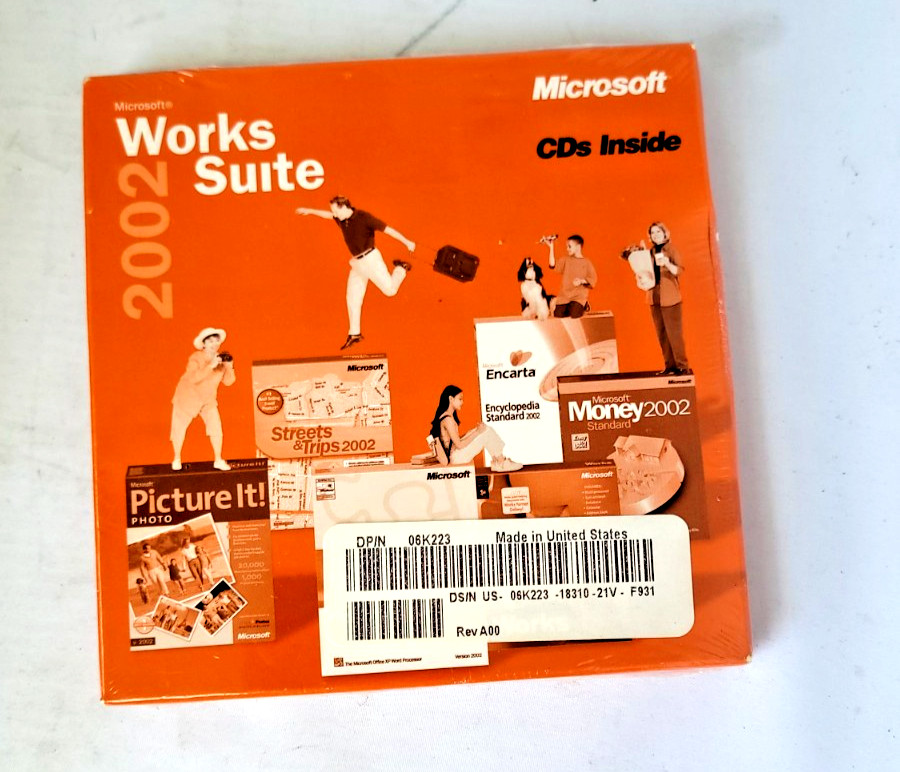 Microsoft Works Suite 2002 CD + Product Key Word, Encarta, Money "NOS New Seal"