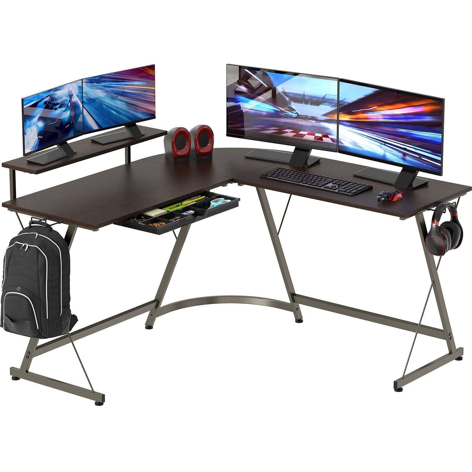 SHW 51 x 51 Inches Vista L-Shaped Desk with Monitor Stand and Drawer, Espresso