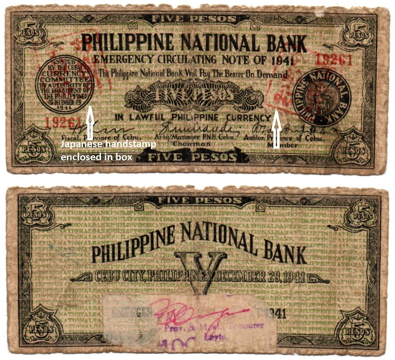 1941 Philippines Province Of CEBU 5P S216 C/S ORMAC, Leyte Japanese Characters