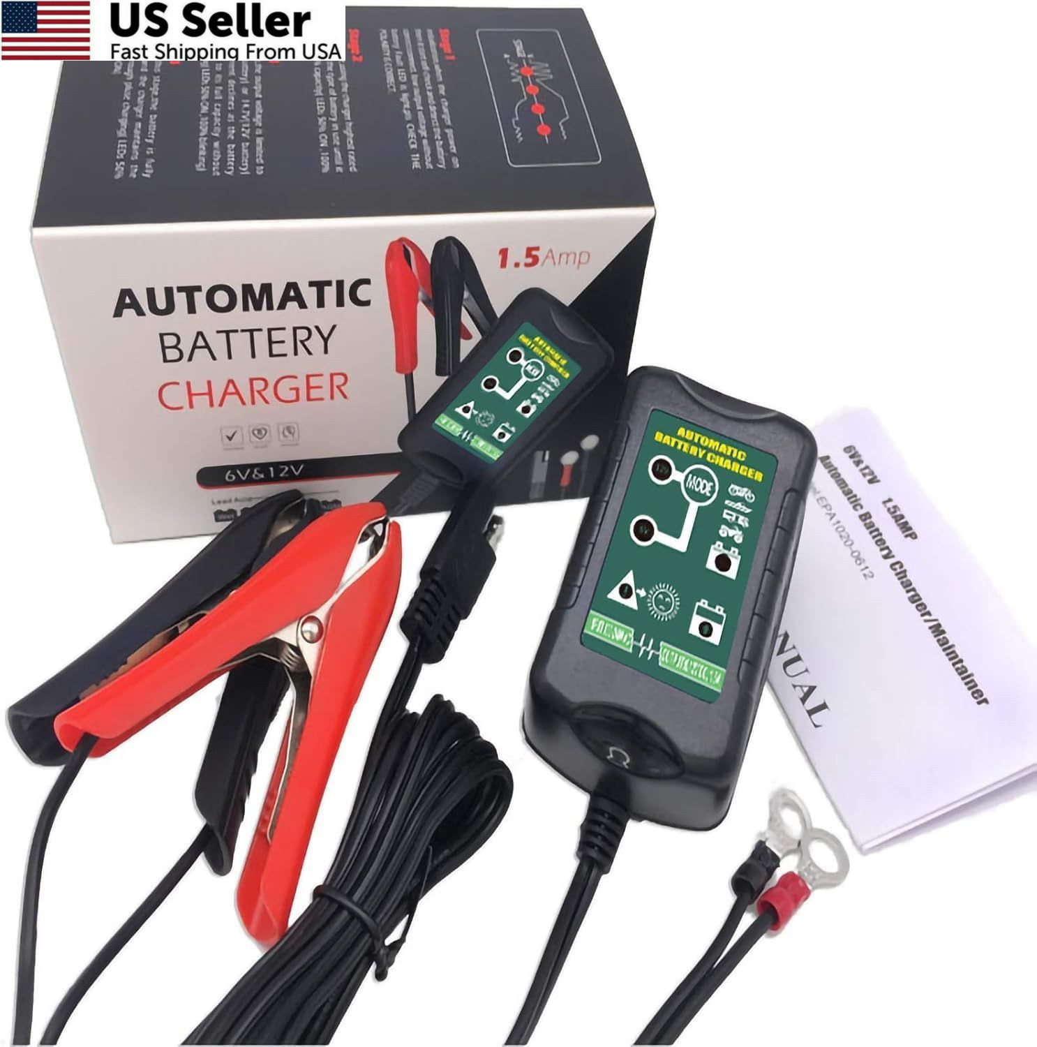 12V / 6V Battery Trickle Charger Maintainer, 1.5A Automatic Smart Float Black