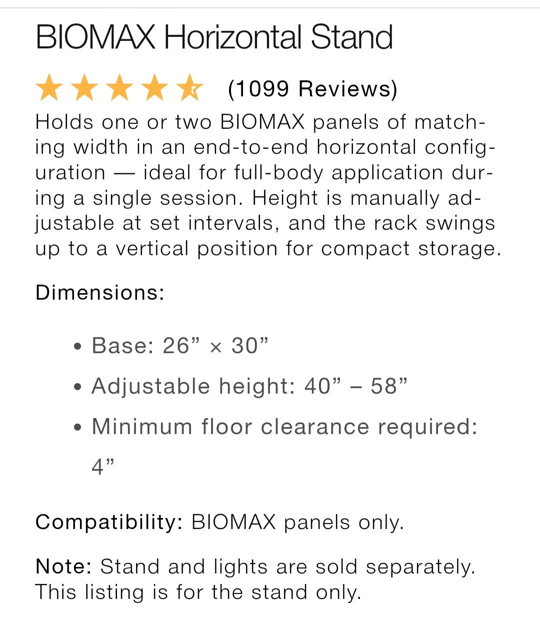 PlatinumLED BIOMAX Horizontal Stand Adjustable Height for Panels White