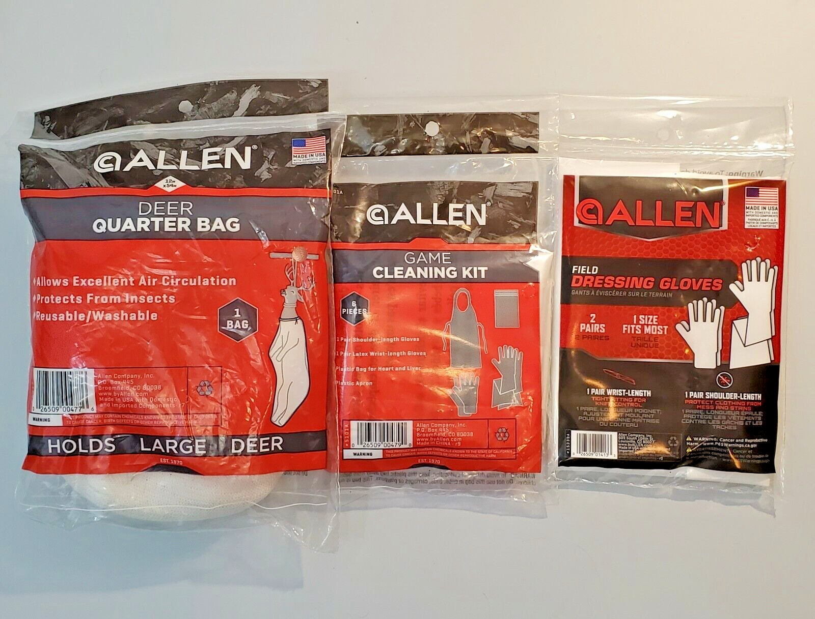 Deer Qtr Bag (12" X 54") Game Cleaning Kit & Field Dressing Gloves ~ Allen Co.