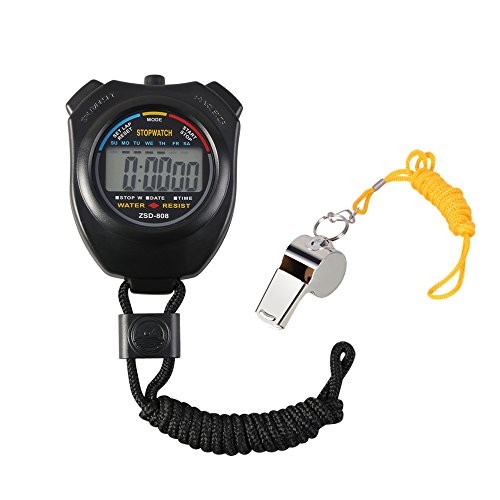 Digital Sport Stopwatch Timer with Stainless Steel Whistle,Large LCD Black