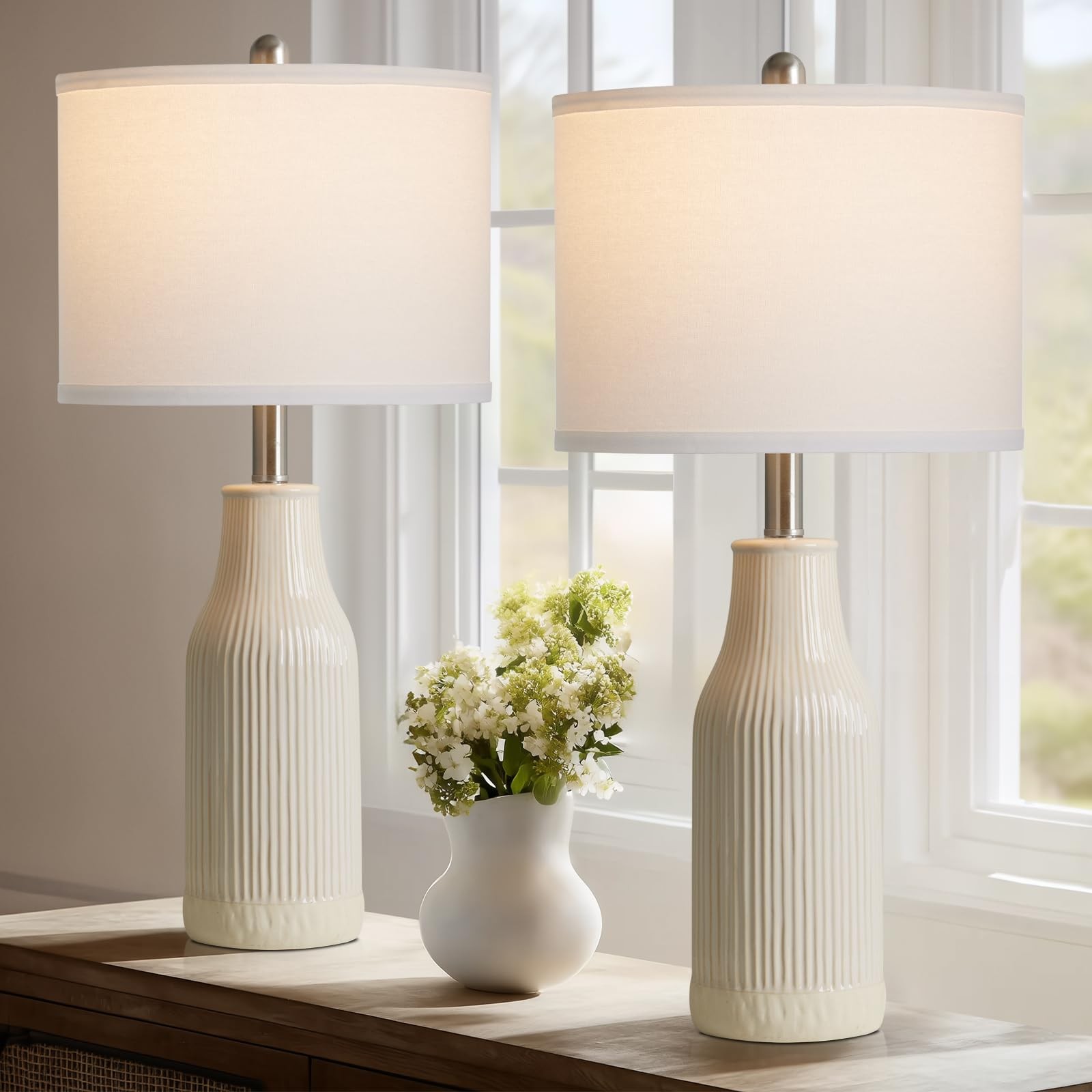 luxeflow 24.5 inch Ceramic Table Lamps Set of 2 Beige LED