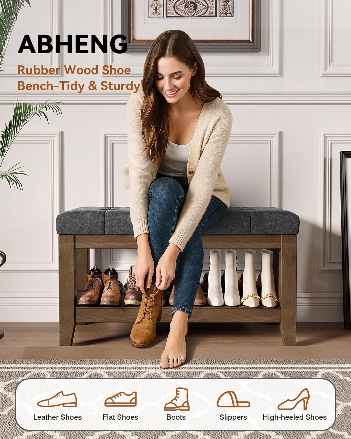 Solid Rubber Wood Shoe Bench Soft Chenille Material Upholstered Seat 770LB