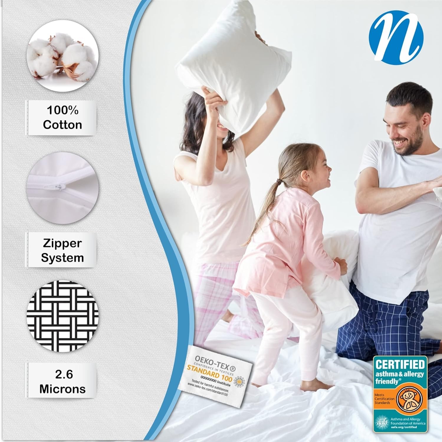 Noiseless 100% Cotton Pillow Protectors 2 Pack Standard Zippered 300 Thread