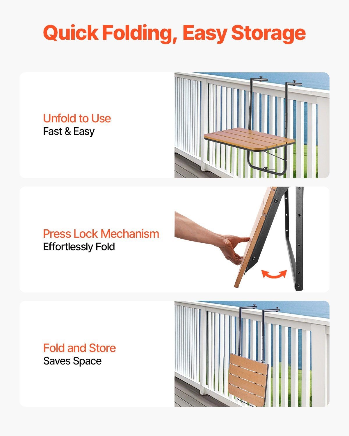 4-Level 25x24in Foldable Balcony Hanging Table Rust-Resistant 50lb