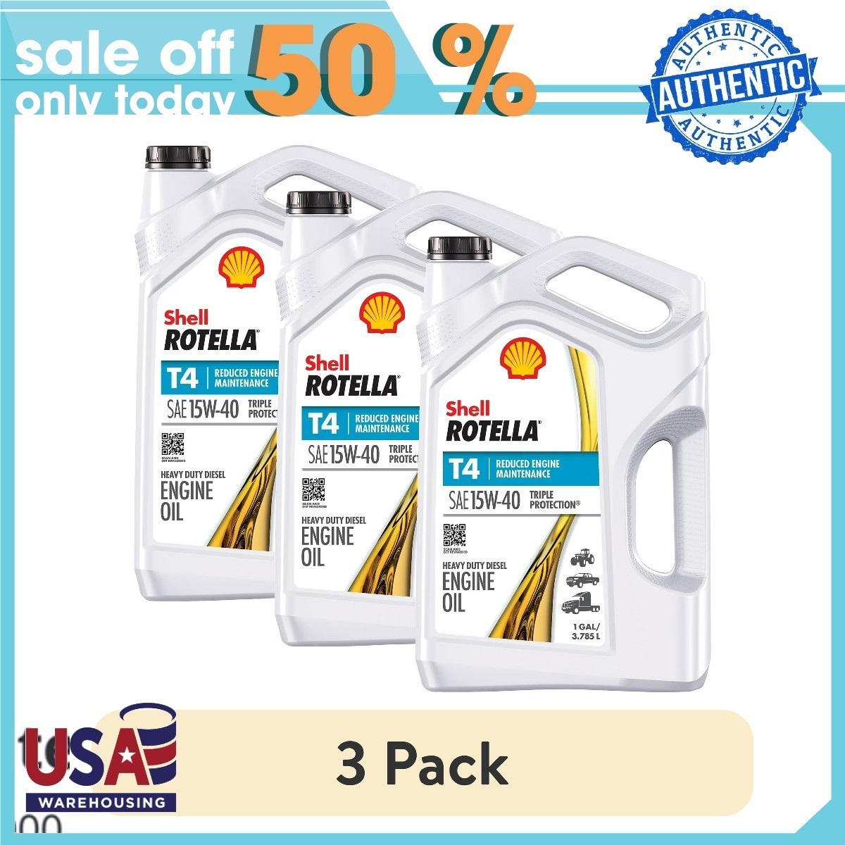 (3 pack) Shell Rotella T4 Triple Protection 15W-40 Diesel Motor Oil, 1 Gallon