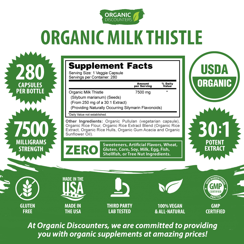 Organic Discounters USDA Organic Milk Thistle Extract Capsules, 280 Count, 7500