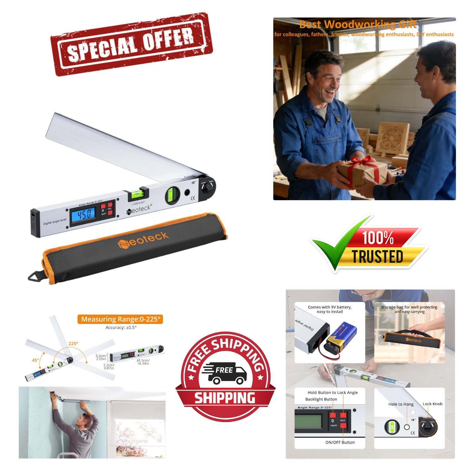 Portable 16’’ Digital Angle Finder with ±0.5° Accuracy & Data Hold Functionality