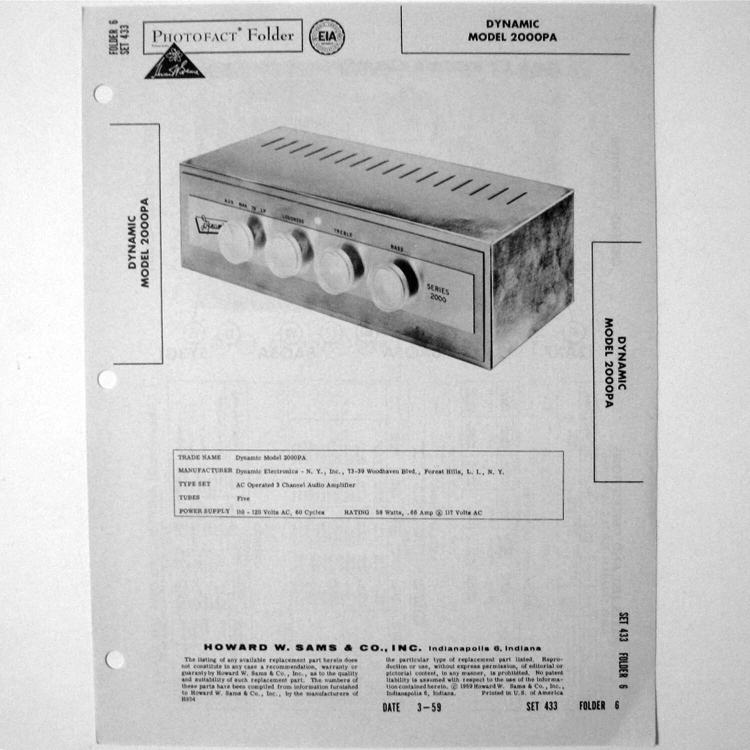 Dynamic Model 2000PA 5 Tube 3 Channel Audio Amplifier SAMS Photofact ™ 1959 New