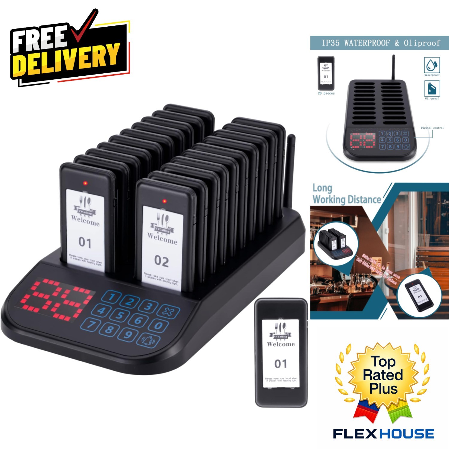 Restaurant Pager System with 20 Rechargeable Pagers - Enhance Guest Experience