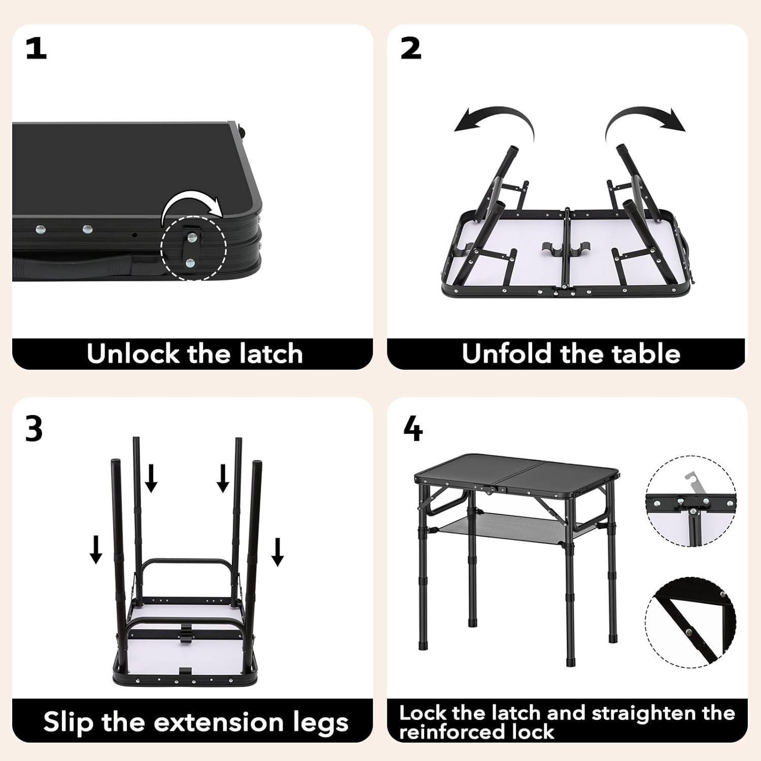 Small Folding Camping Table with Storage Net, 3 Adjustable Heights Foldable Tabl