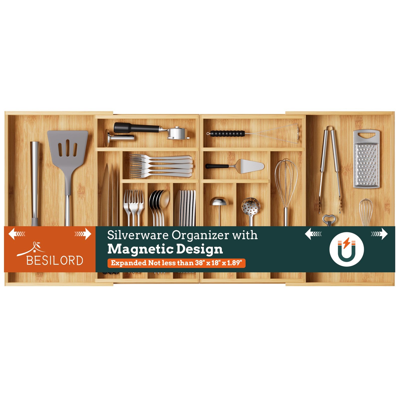Silverware Organizer Large, Magnetic Connected Expandable 13 Slots, Natural