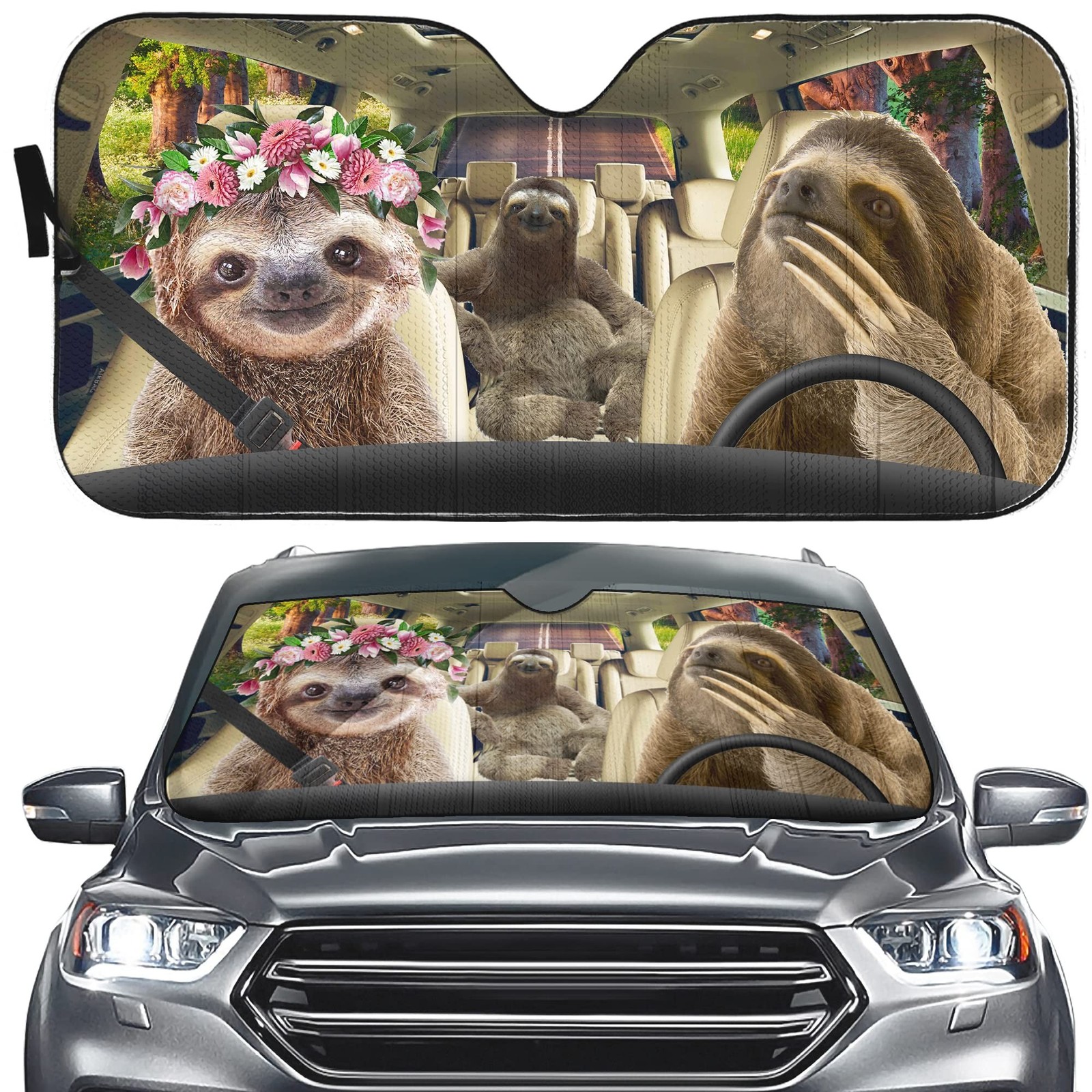 Funny Sloth Driver Front Windshield Shade, Cute Animal Window Sun Shades, Laz...