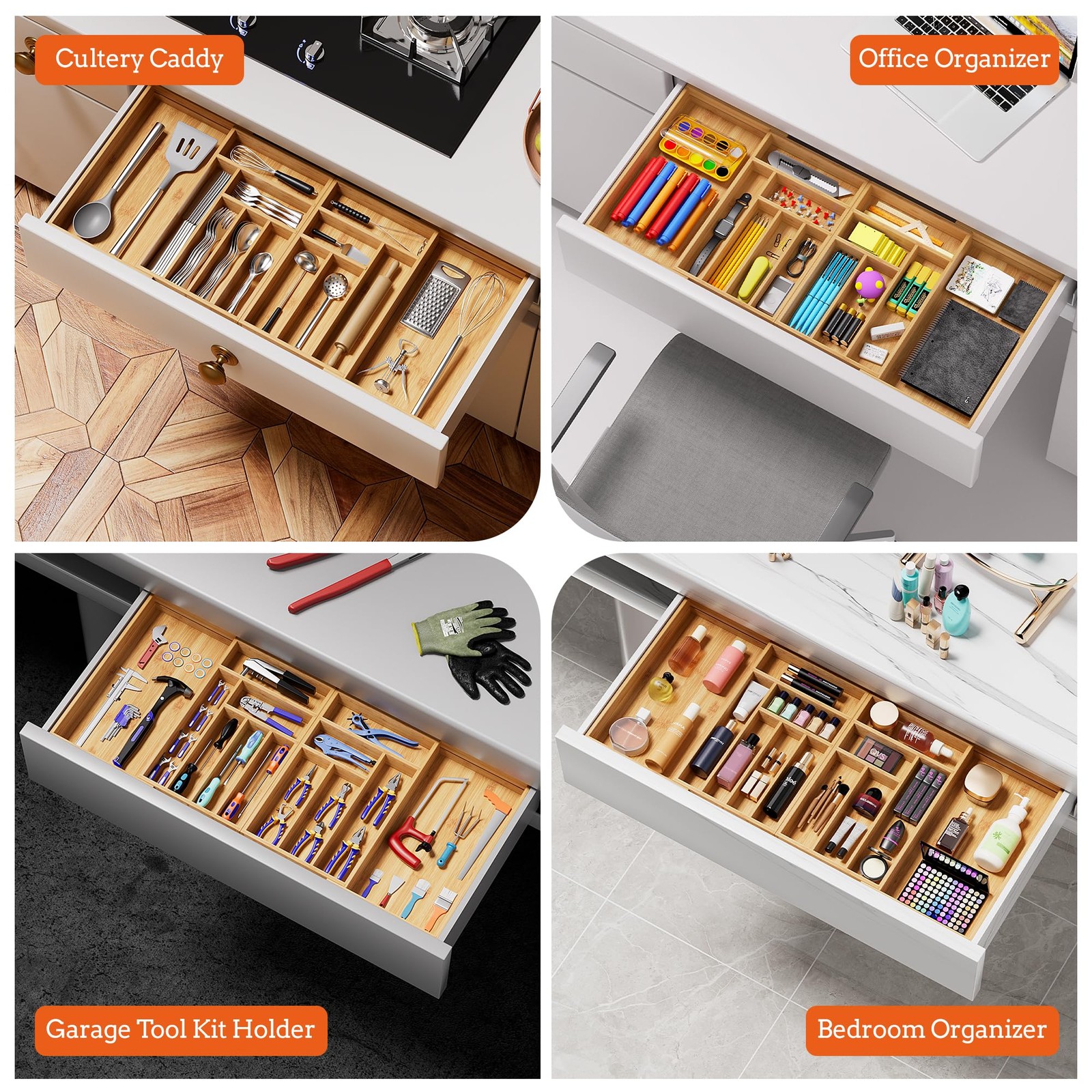 Silverware Organizer Large, Magnetic Connected Expandable 13 Slots, Natural