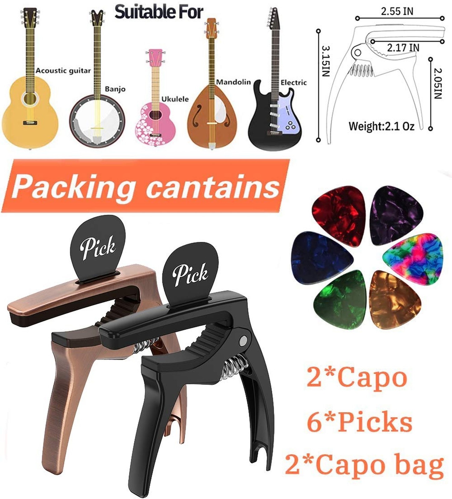 3in1 Guitar Capo for Acoustic and Electric Guitars,2 Pack(with Pick Holder an...