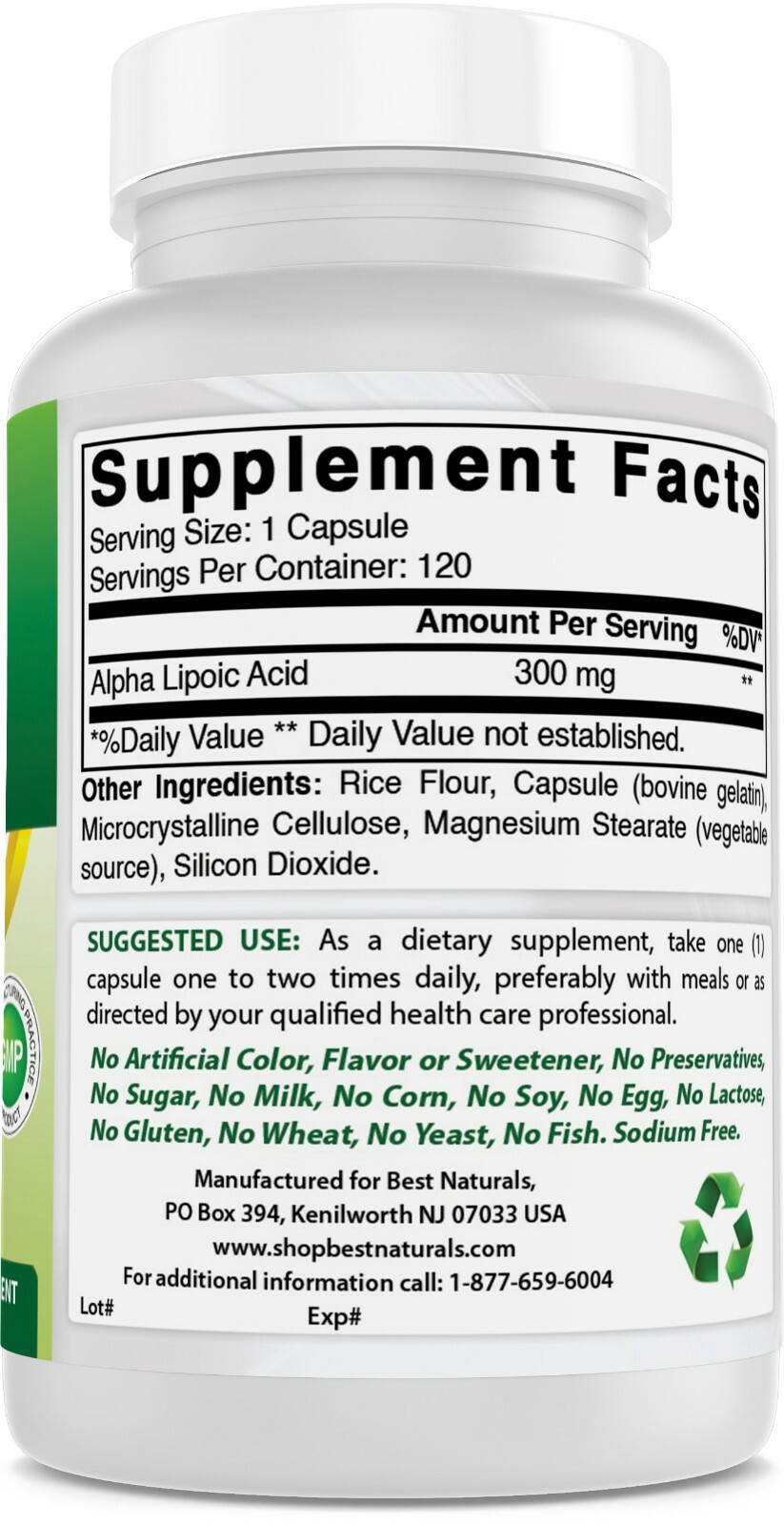 2 Pack Best Naturals Alpha Lipoic Acid 300 mg 120 Capsules antioxidant