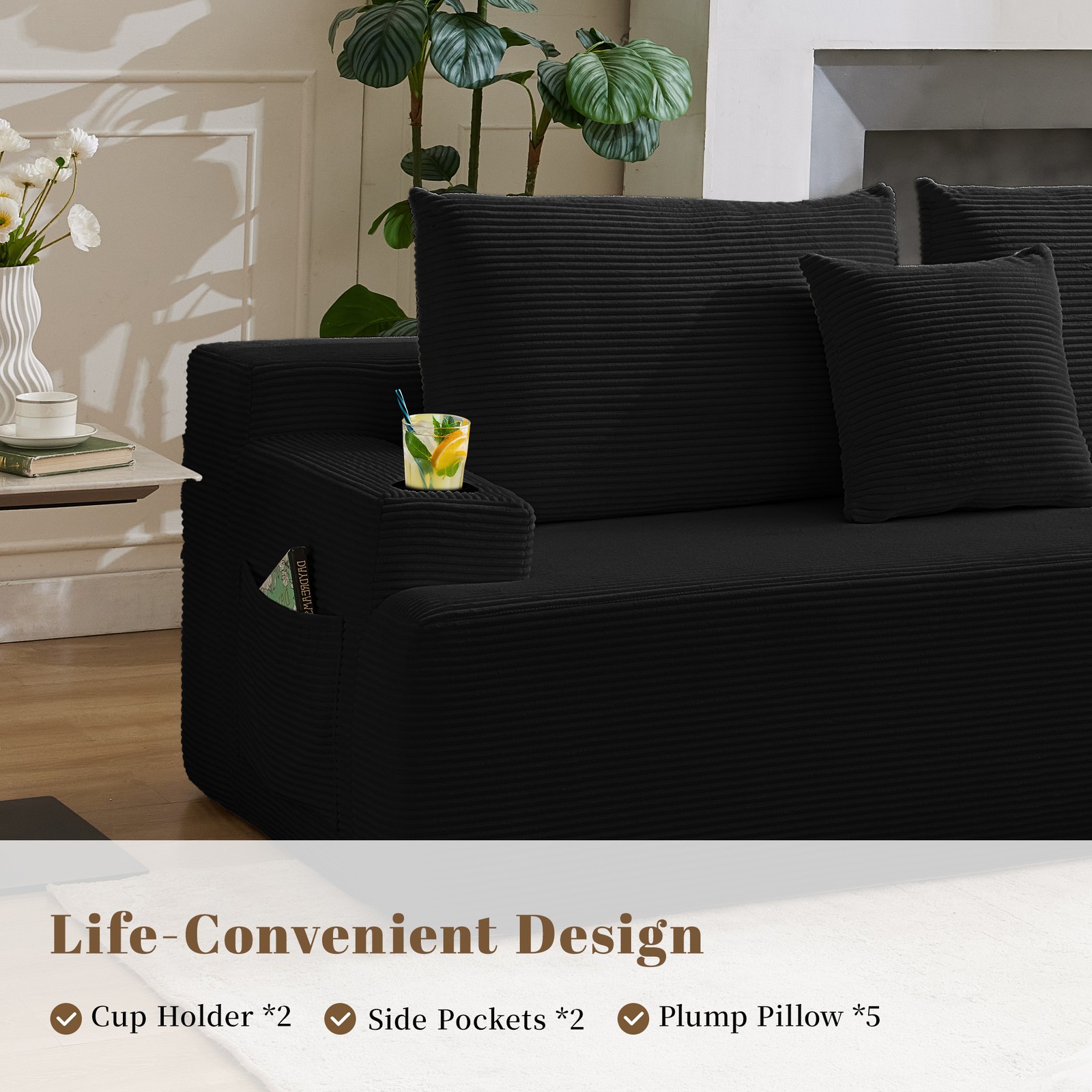 107" Sectional Sofa for Living Room,Black Velvet Couch,L-Shaped Sofa with Chaise