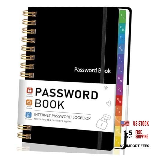 Password Book with Alphabetical Tabs for Seniors, 5.8"x8.2" | Hardcover Black