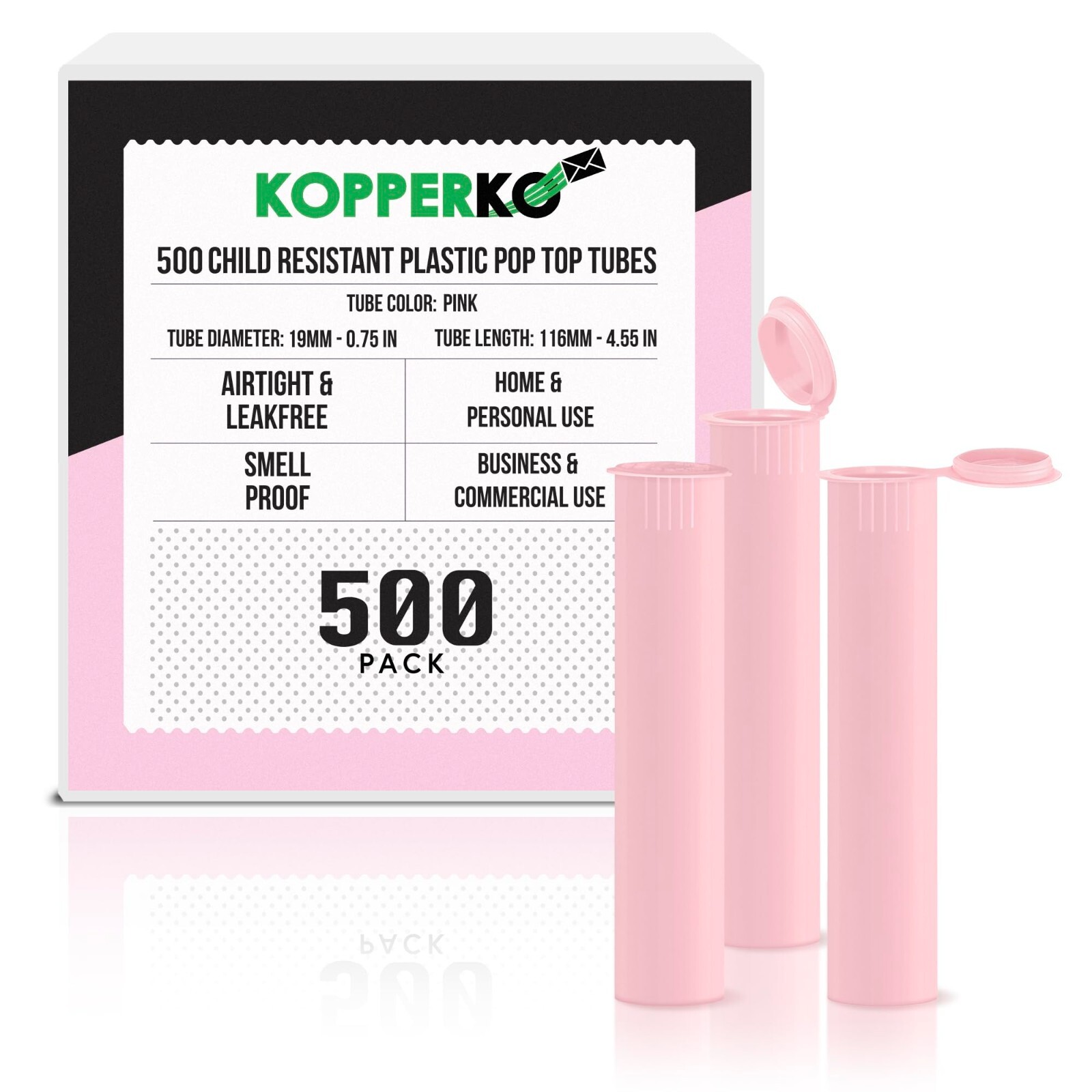 Kopperko 116mm Plastic Pop Top Tubes - Child Resistant, Pink, 500 Pack