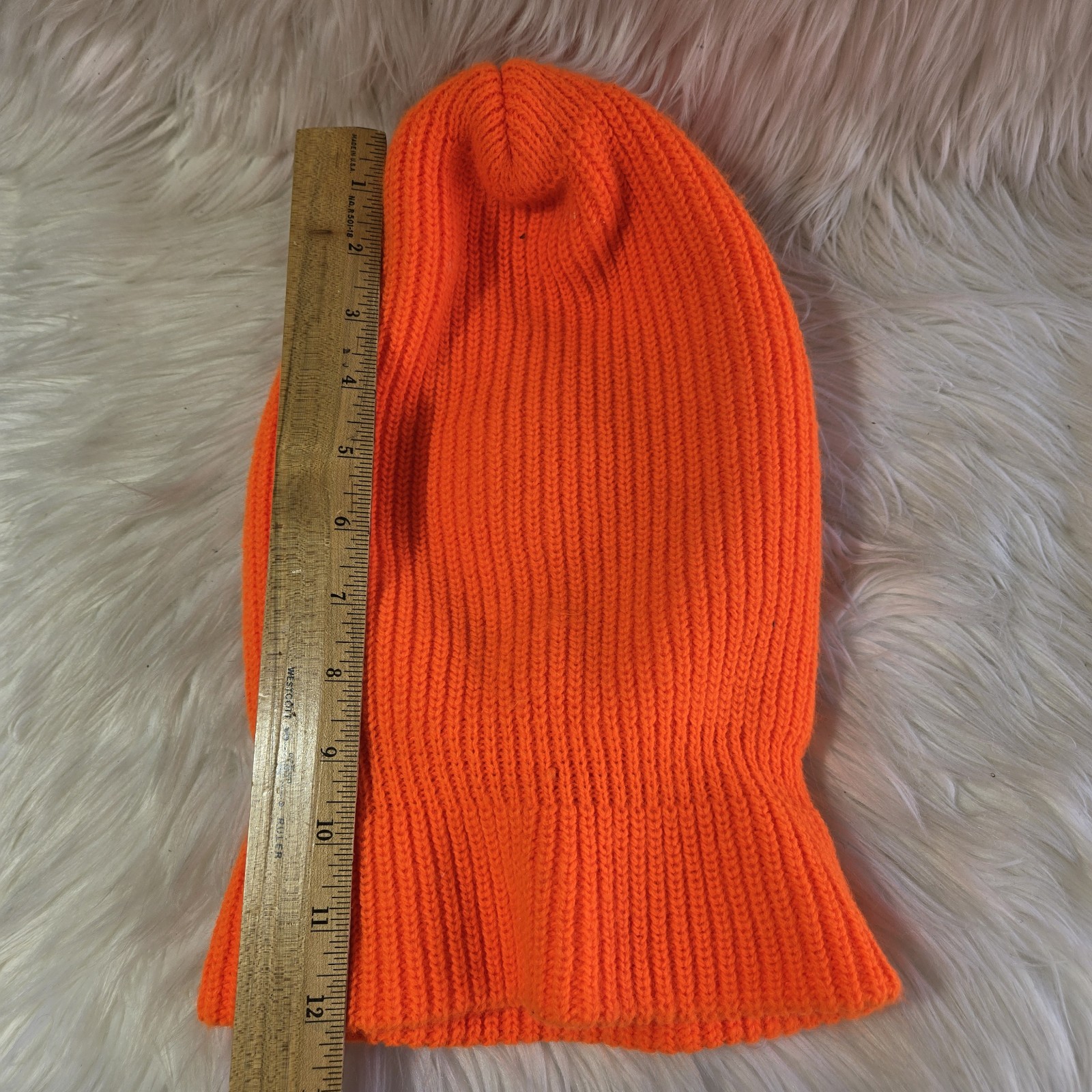 Vintage Balaclava Ski Full Face Mask Hat Orange Fleece Knit USA Made in USA Hunt