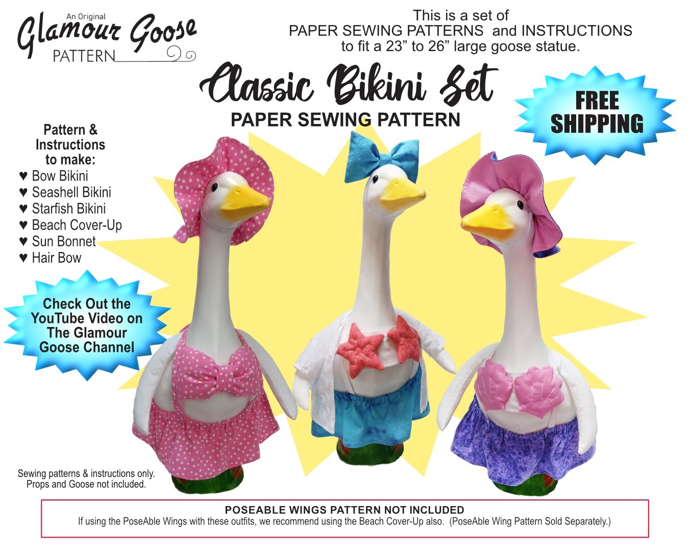 Goose Clothes Pattern BIKINI, SUN HAT and Beach Cover Up for 23"-26" Lg. Goose