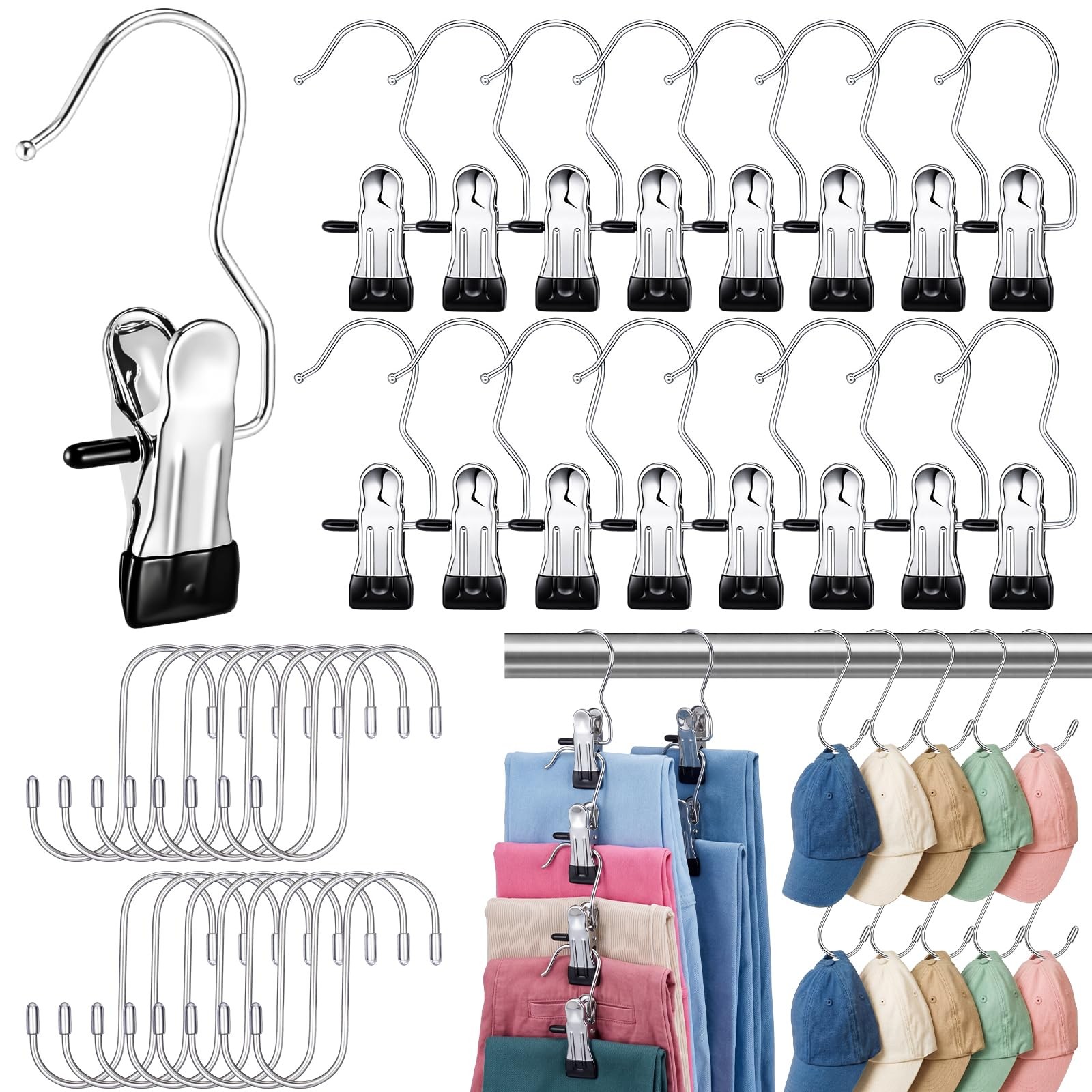32 PCS Hook 16 Boot Hanger Clips 16 S Hooks Non Slip Rubber Laundry Hanging
