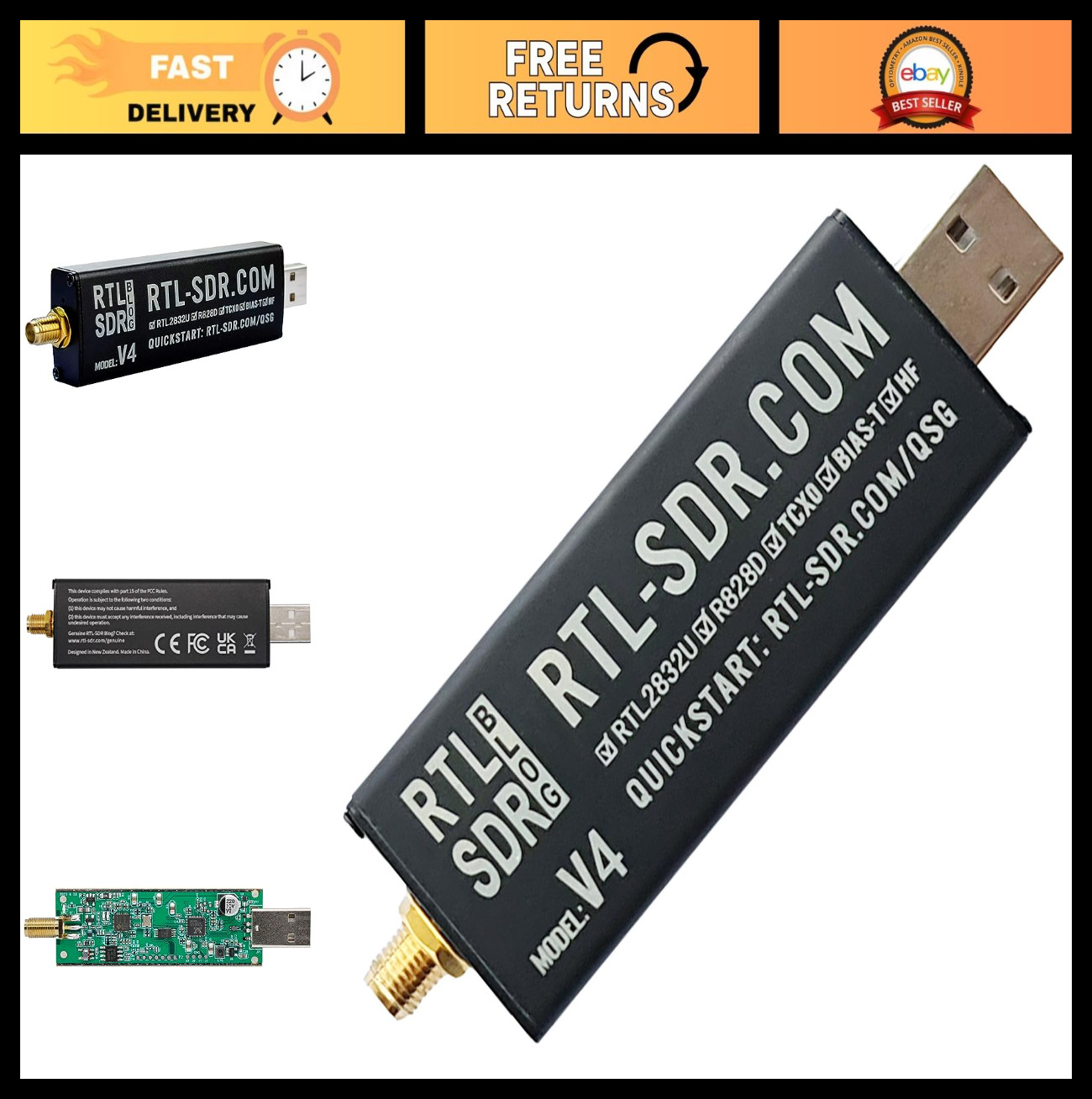 "RTL-SDR V4 R828D RTL2832U 1PPM TCXO SMA Software Defined Radio Dongle"