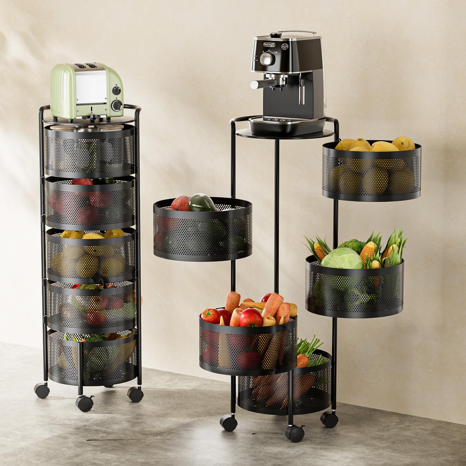 5-Tier Rotating Metal Kitchen Storage Cart on Rolling Wheels Black