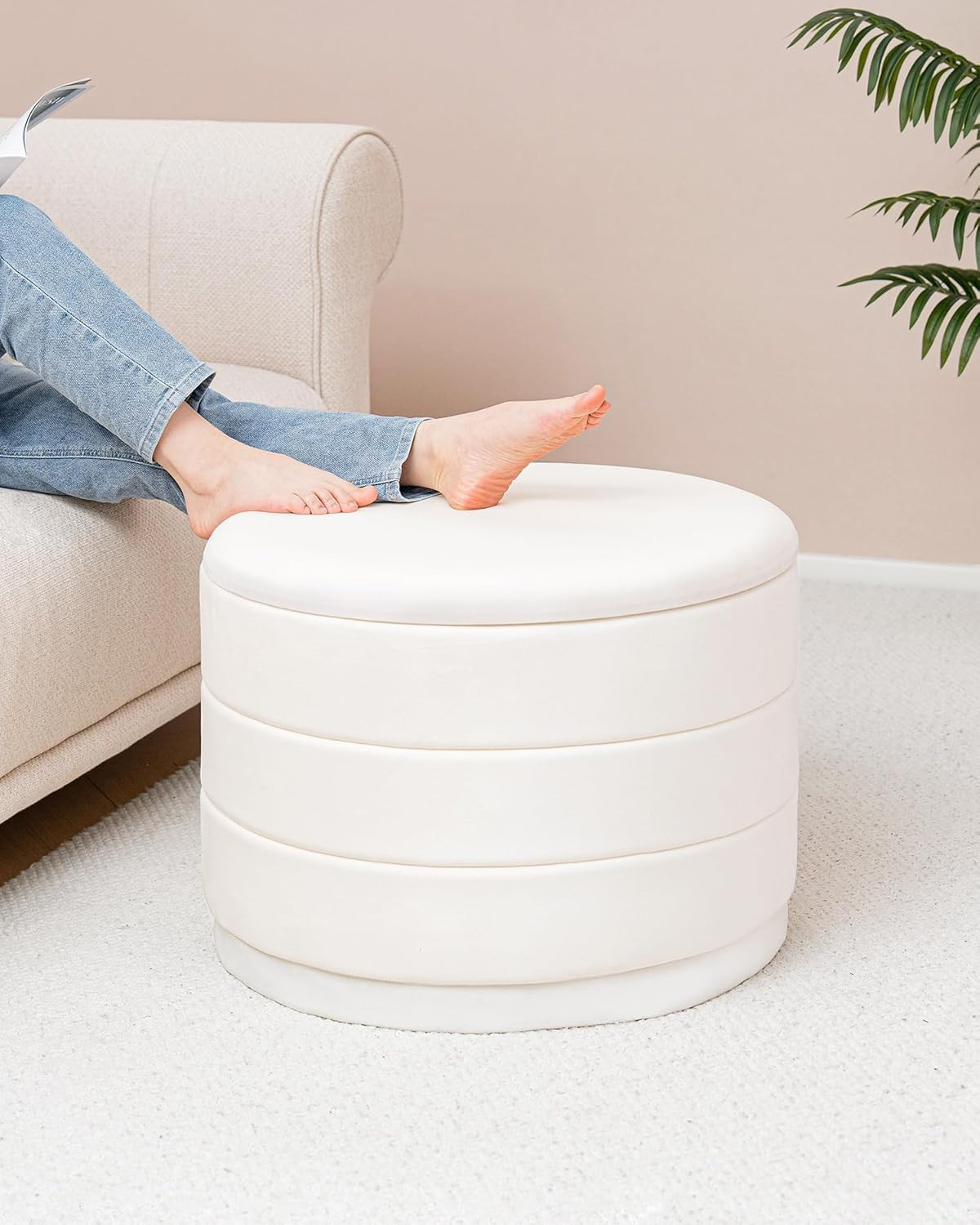 round Velvet Storage Ottoman with Tray, Folding Ottoman with Storage Coffee Tabl