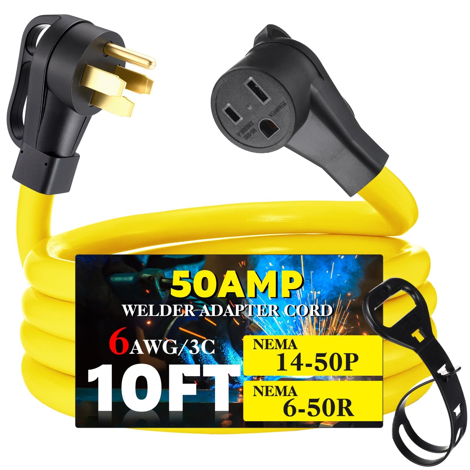 10ft Welder Extension Cord 50A NEMA 14-50P to 6-50R 6AWG 250V Adapter