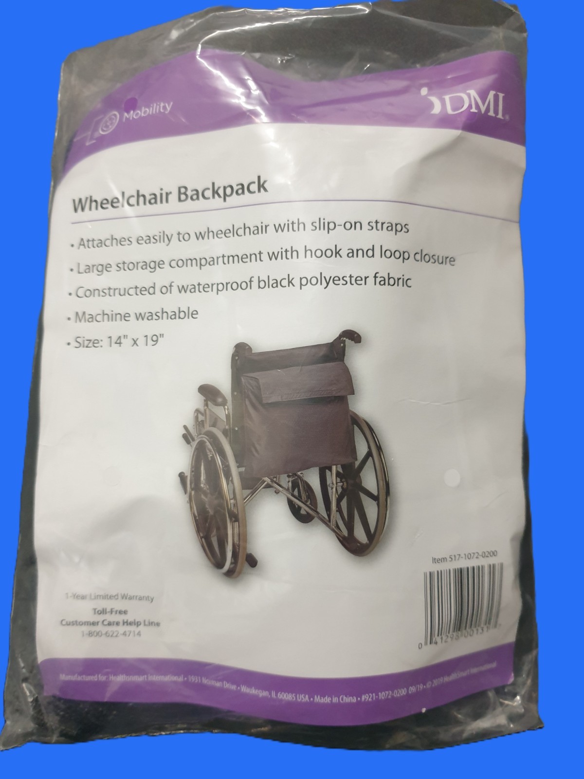 DMI Wheelchair Backpack Black 14 x 19" Nylon Hook & Loop Closure Slip-on Straps