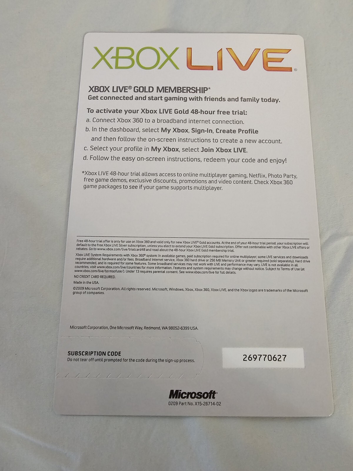 Microsoft Xbox Live Free 48 Hour Trial Gold Subscription - XBOX 360