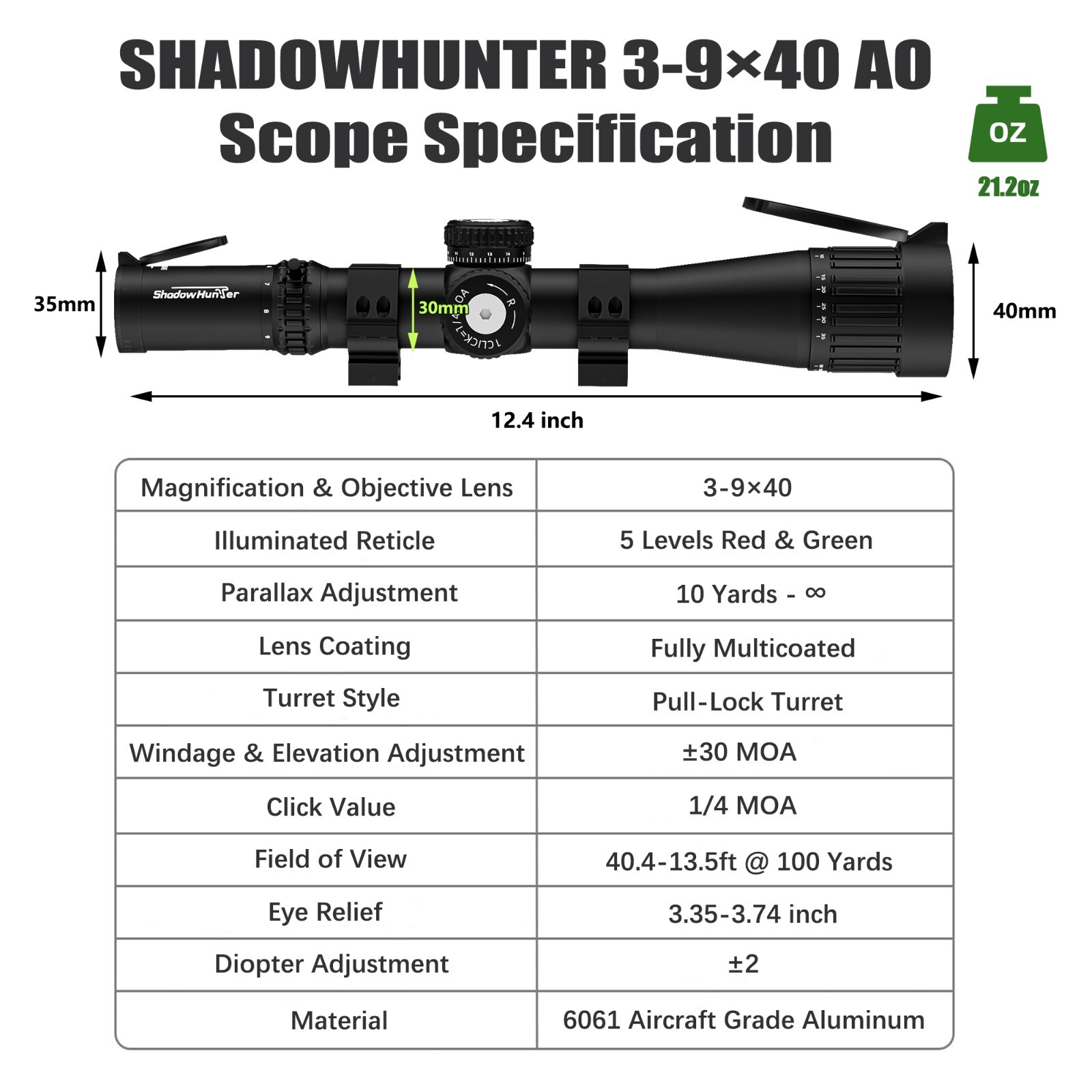 3-9x40 AO Rifle Scope for Hunt, with 30mm Tube, Zero Reset & Parallax Adjustment