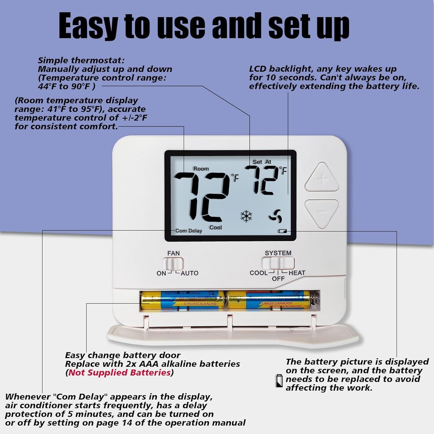 Versatile Non-Programmable Thermostat for Single-Stage Systems - White Display