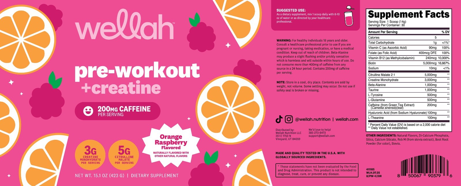 Wellah Pre-Workout + Creatine Powder (30 Servings) Orange Raspberry -3g Creatine