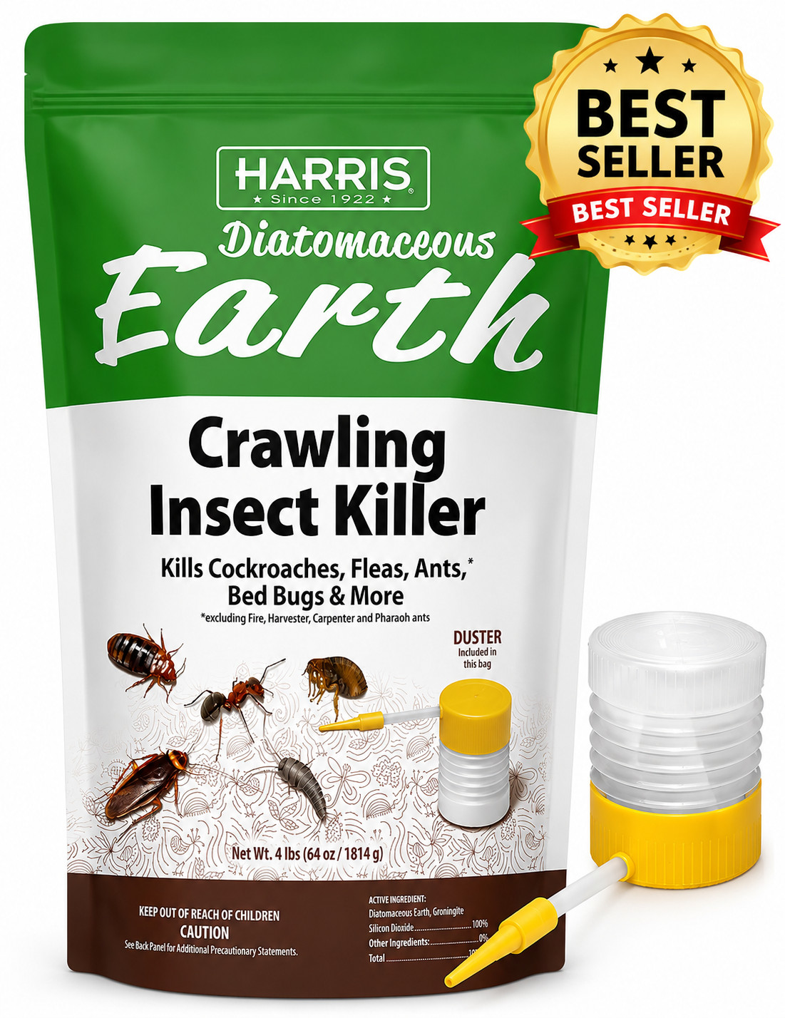 Harris Diatomaceous Earth Crawling Insect Killer 4lb with Powder Duster Included