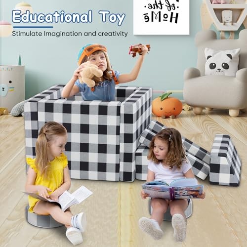 10 Pc Black & White Kids Couch, Buffalo Check Toddler Sofa, Black and White