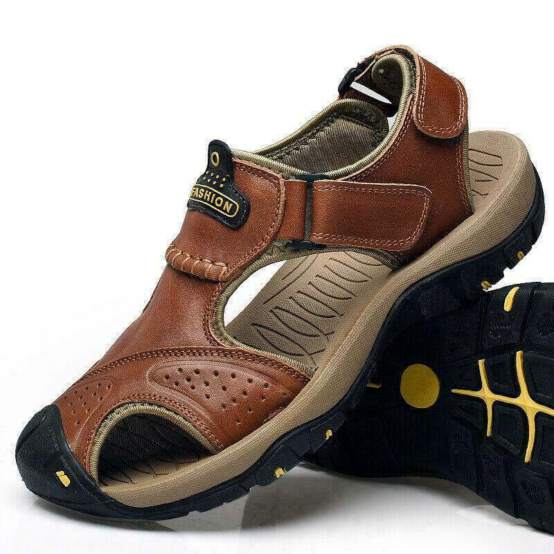 Men Leather Summer Sandals Beach Closed Toe Shoes Sports Outdoor Hiking Thongs