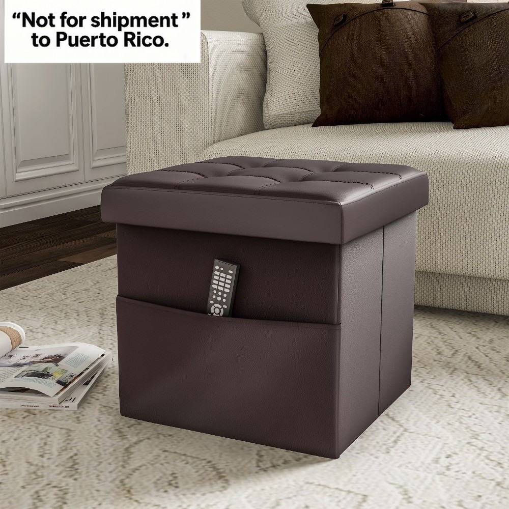 15-inch Folding Tufted Faux Leather Storage Ottoman with Pocket (Brown)