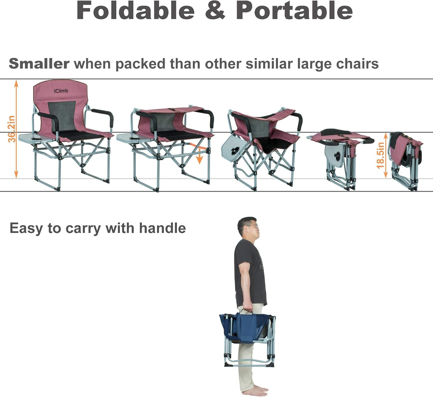Heavy Duty Compact Camping Folding Mesh Chair with Side Table and Handle