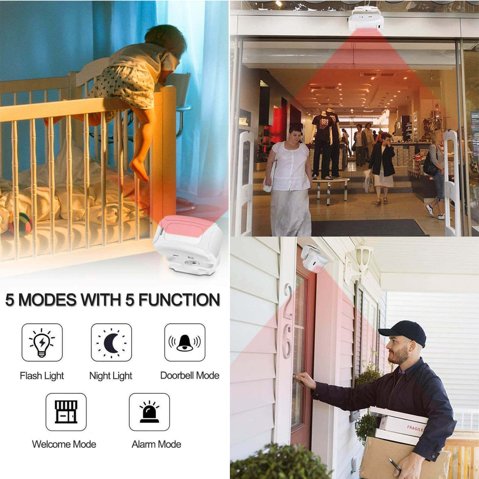 PIR Motion Sensor Alarm Workplace Back Passerby Detector Mute Flashing Reminder