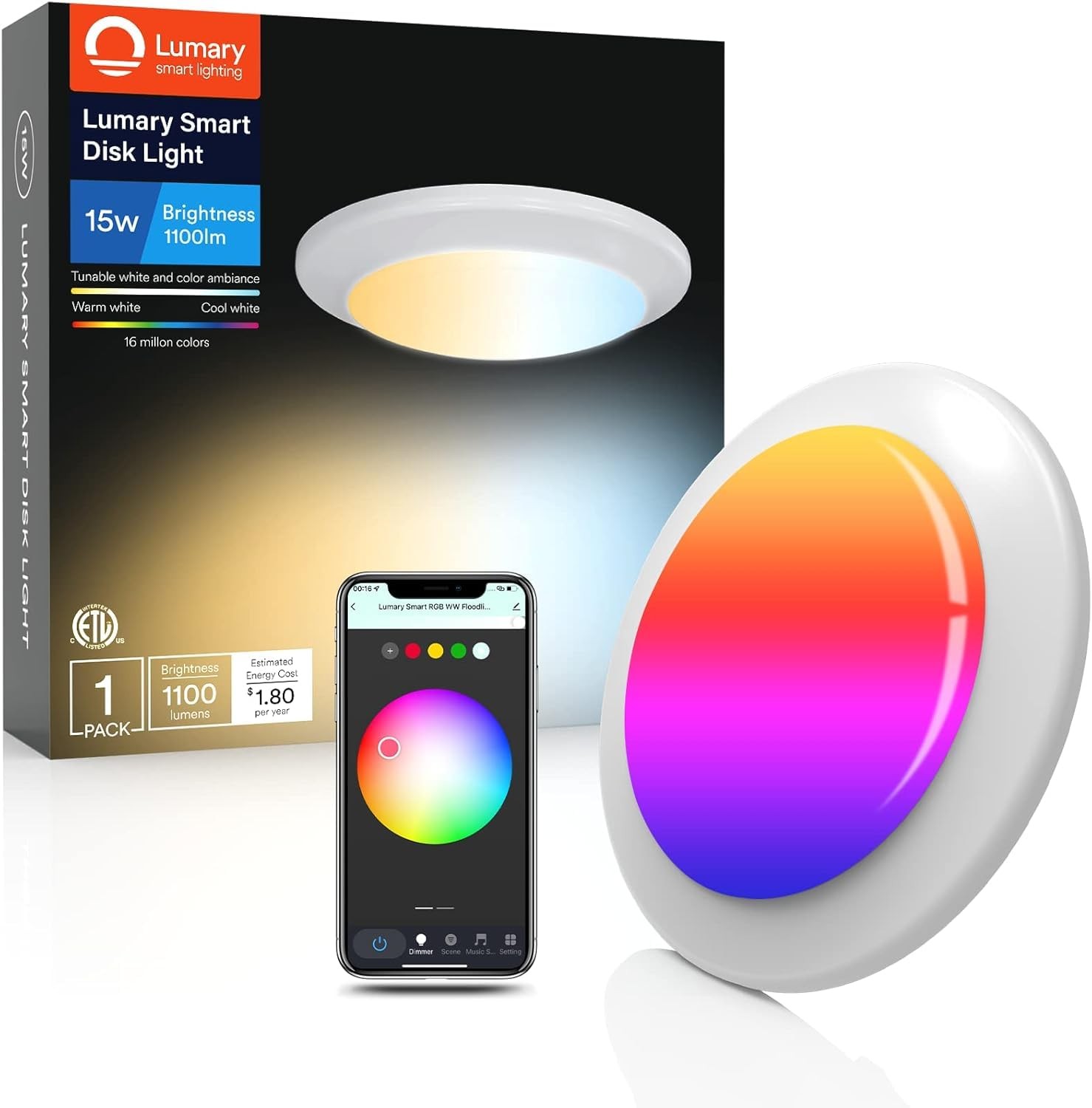 Lumary 15W Smart RGB Flush Mount Disk Lights 5/6 Inch, 1 Pack, A